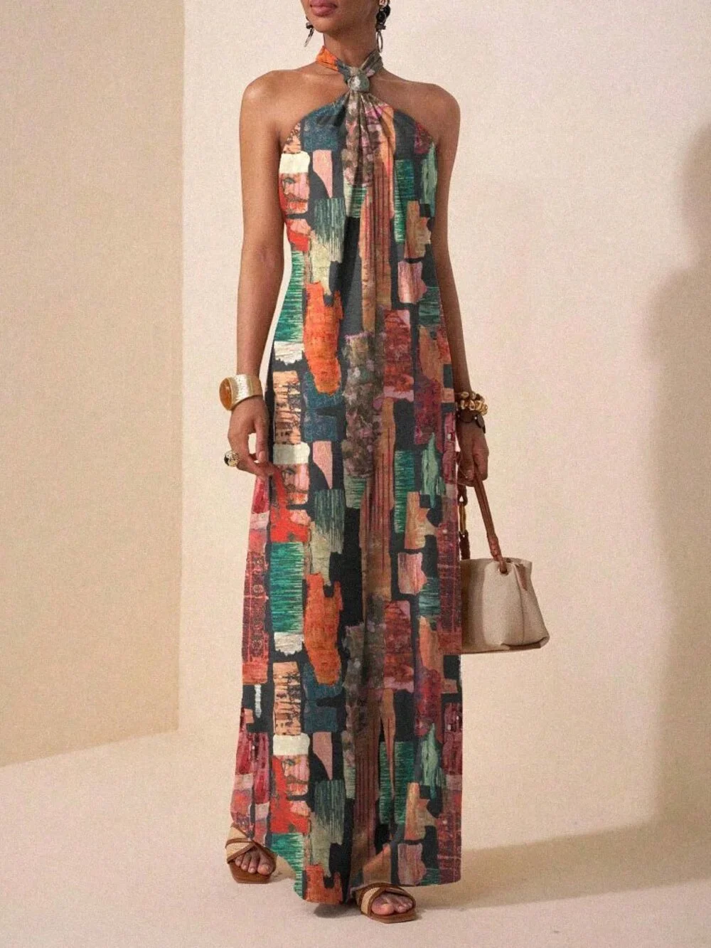 Multicolor Boho Women's Backless Knot Split Thigh Halter Loose Wide Leg Jumpsuit